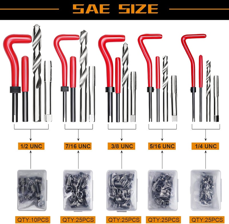 AJulyBee Helicoil Thread Repair Kit, 261 PCS Thread Chaser Kits HSS Drill Helicoil Kit, Rethreading Tool with Thread Gauge| Metric and SAE| 1/4" 5/16" 3/8" 7/16" 1/2" M5 M6 M8 M10 M12 - Image 4